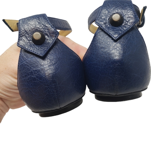 Balenciaga Dark Blue Leather Sandals Size 38 US 7.5 Ankle Strap Studded Flats - Picture 7 of 11